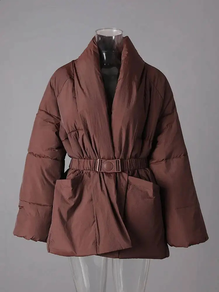 DEAT Fashion Brown Cottonpadded Coat Womens Vneck Loose Big Pockets Sashes Thick Warm Jacket Winter 251021