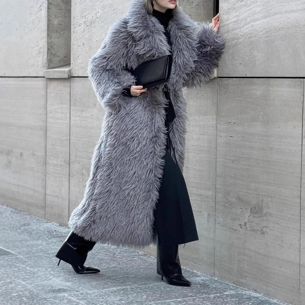 Women Faux Fur Jacket Thick Loose Long Coat Warm Turn Down Collar Full Sleeve Open Stitch Coats Solid Winter 2025 251014