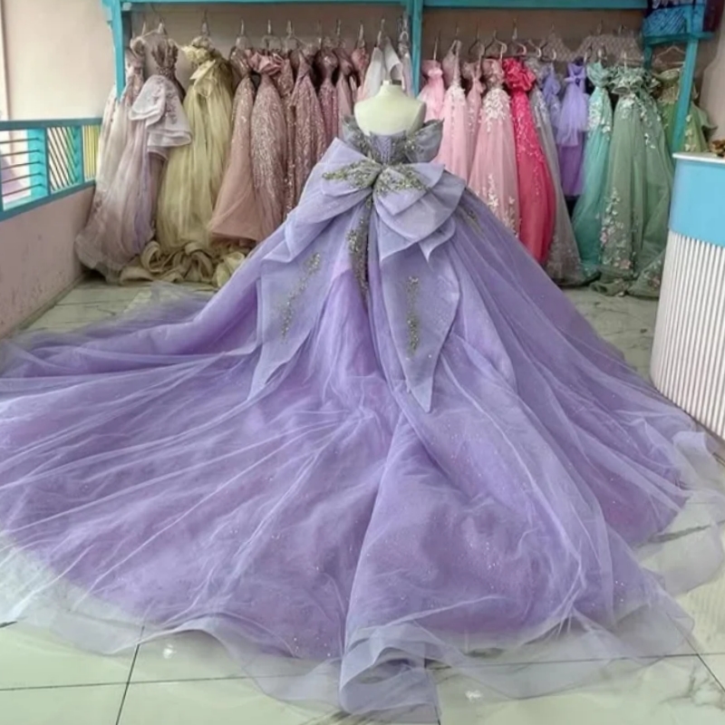 Lavender Shiny Quinceanera Dresses off the shoulder Applique Lace Beading Crystal Tull Bow glitter vestidos de 15 anos sweet 16 dress