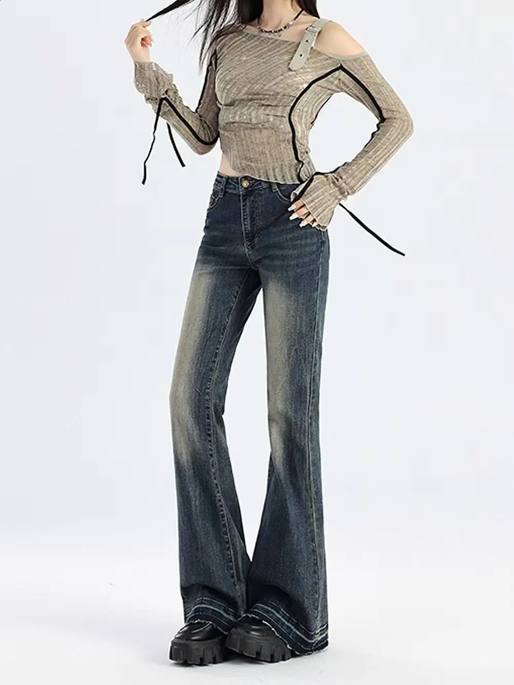 American High Street Spicy Girls Low Waist Jeans Women Autumn Vintage Y2k n Sense Slim Fit Straight Tube Micro Flare Pants 251022
