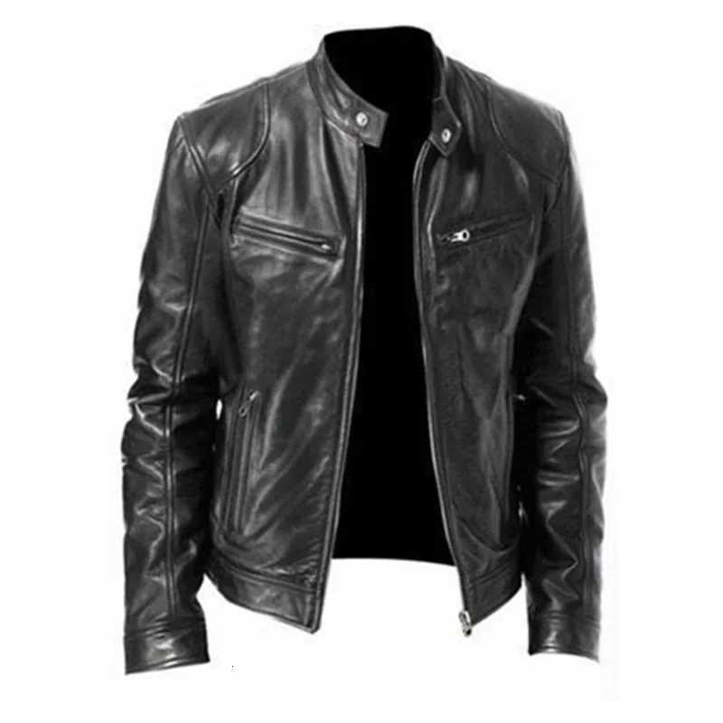 Mens Leather Jacket Autumn Winter Business Gentleman Warm Zipper Cardigan Pocket PU Leather Jacket Stand Collar Slim Coat W251023