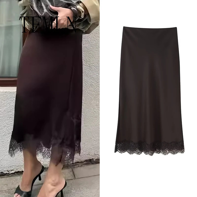 TFMLN Elegant Lace Splice Satin Half Skirt Womens Fashion Wrap Around Long High Quality Feel Style 251022