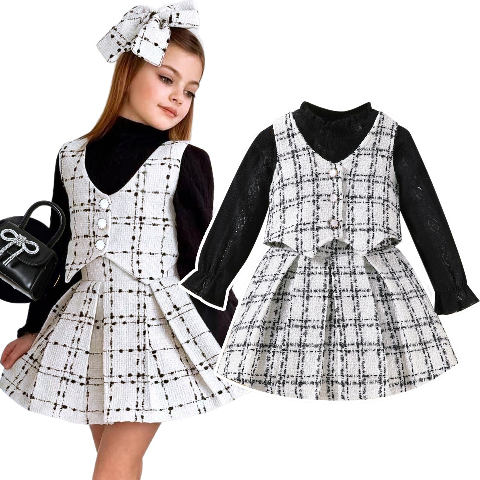 European and American Spring and Autumn Girls' Set Designer Fashionable Suitable for Young Girls Solid Color Lace Inner Wear Tank Top Folded Skir