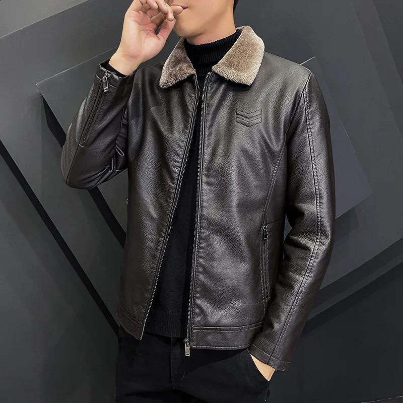 Winter Fashion Warmth Thickened Leather Jacket Lapel Solid Zipper n Plus Size Mens Bomber Fleece Coat 251023