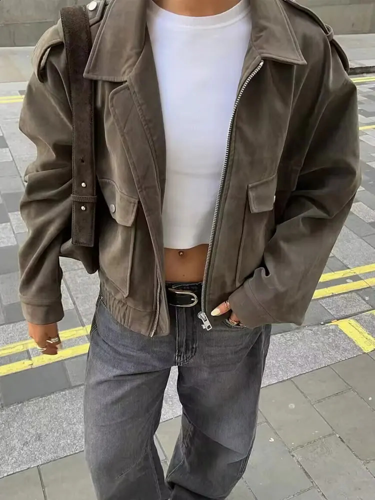 HH Female Vintage Suede Coats For 2025 Autumn Solid Long Sleeve Zipper Lapel With Pockets Street Fashion Jacket Causal Outerwear 251018