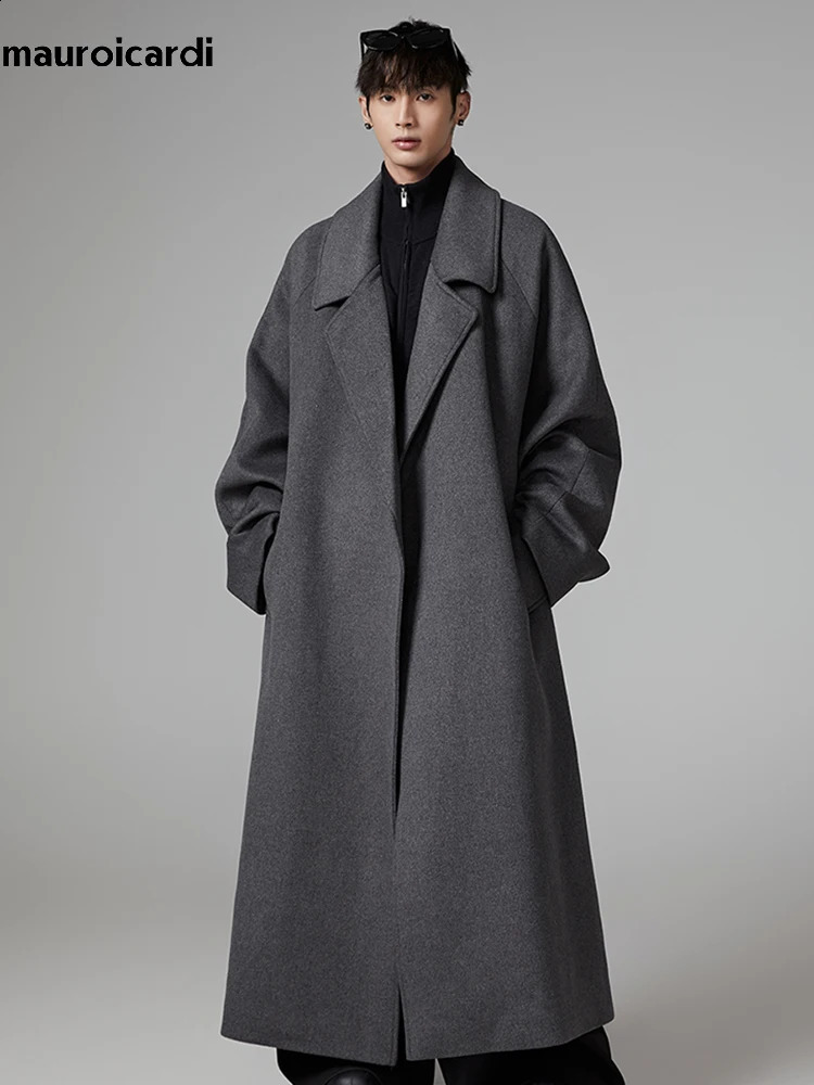 Mauroicardi Autumn Winter Oversized Extra Long Warm Gray Wool Blends Coat Men Sashes Raglan Sleeve y Woolen Overcoat 251023