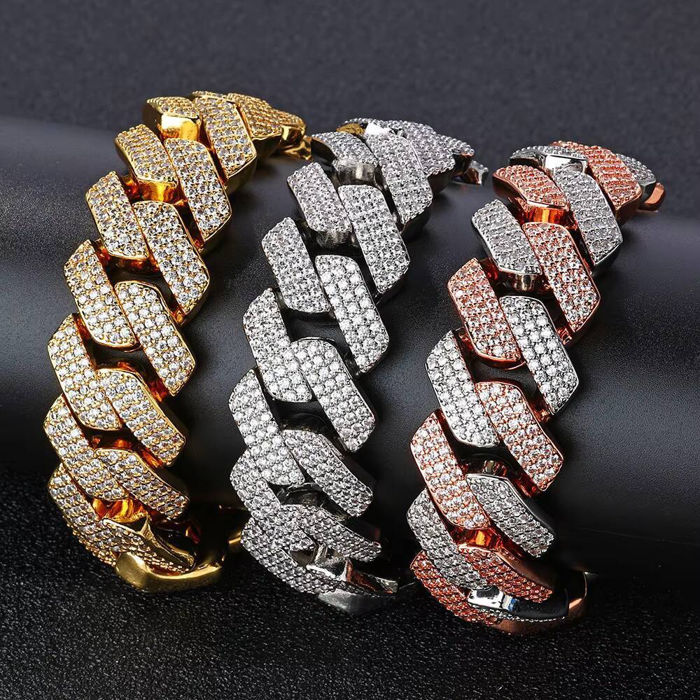Hip Hop White Gold Prong Cuban Link Chain Bracelet 20mm Iced Diamond Prong Cuban Chain for Women Gold Plated Zircon for Parties