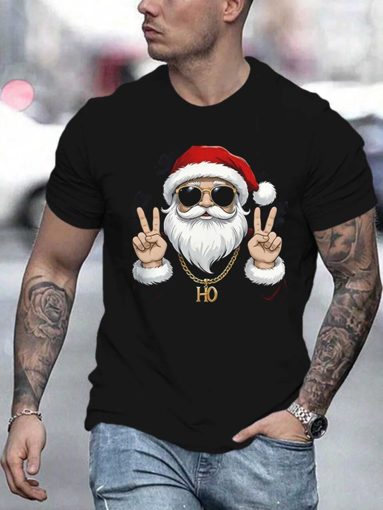 Mens Christmas Cool Santa Claus Gesture Print Tshirt Casual Slightly Stretchy Shortsleeved Crew Neck Tops Outdoor WearXJ251023