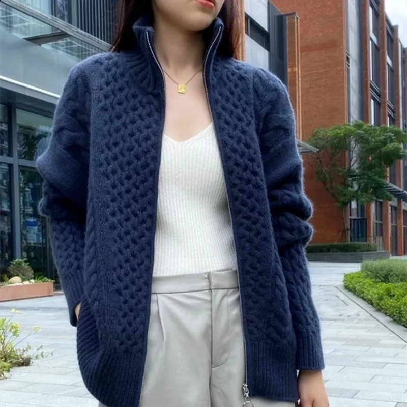 Autumn Winter Thick Turtleneck Cashmere Knitted Cardigan Women Casual Knit Loose Wool Sweater Larg Size Female Jacket Tops 251013