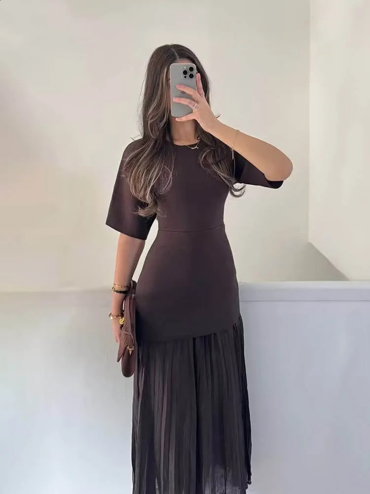 HH Women Elegant Half Sleeves OCollar Pleated Dress Spring Woman Rear Zipper Splicing Vintage Casual Knitted Long Dress 251020