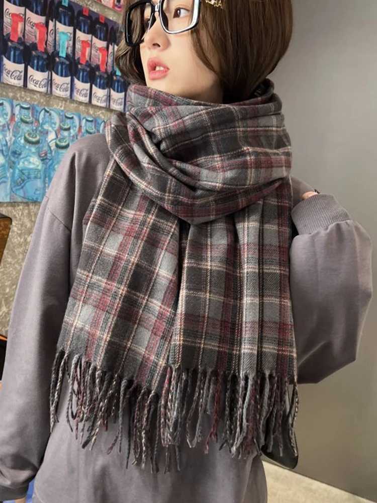 New 2023 Imitation Cashmere Women Scarf Winter Preppy Style Vintage Plaid Scarve Mujer Foulard Blanket Wrap Shawl Pareo J251113