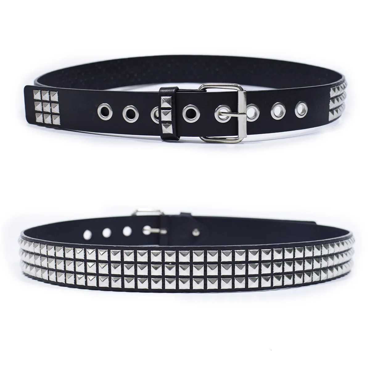 Punk style rivet belt set equipped with stainless steel square buckle PU panel material male and female pyramid rivet beltsXJ251023