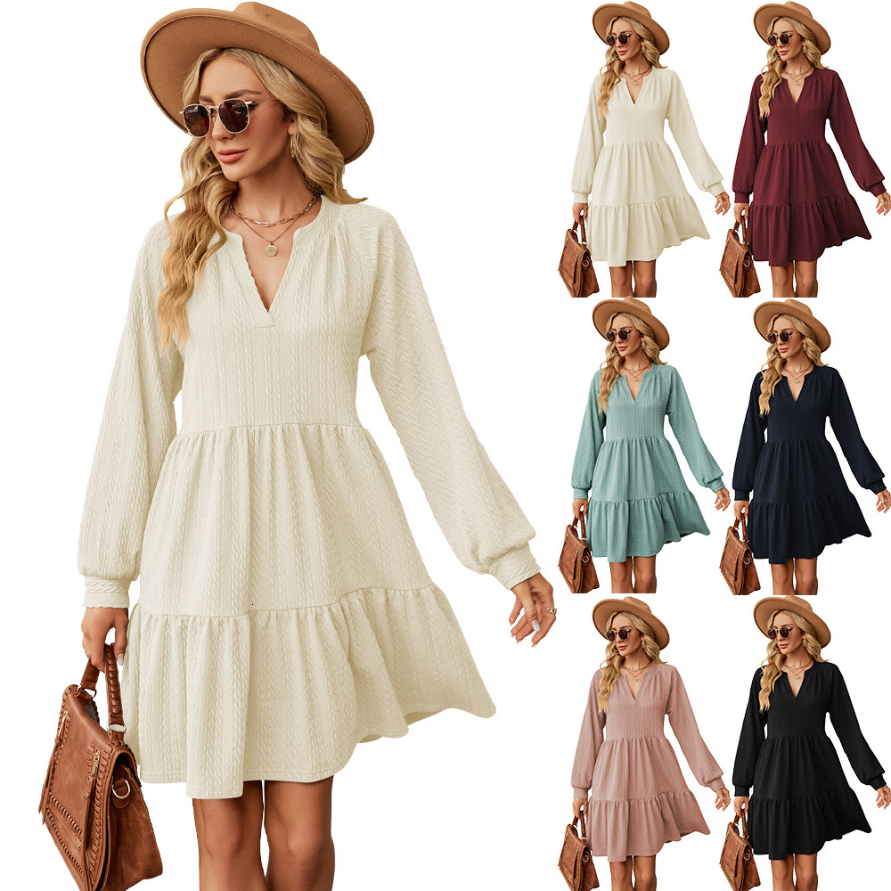 European and American autumn and winter new solid color V-neck loose pleated patch long sleeved dress designer fashionable hot selling dress
