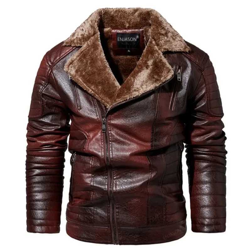 Men Leather Jacket Fur Integrated Locomotive Leather Jacket Coats Long Sleeve Zipper Fur Collar Motorcycle Outwear Faux Leather W251023