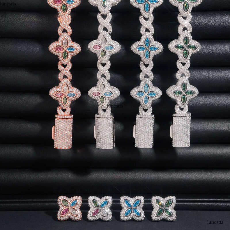 Hip Hop Sier 18MM Width Colored Clover Moissanite Bracelet with Earrings Custom Iced Out Fine Jewelry Sets for Men Women