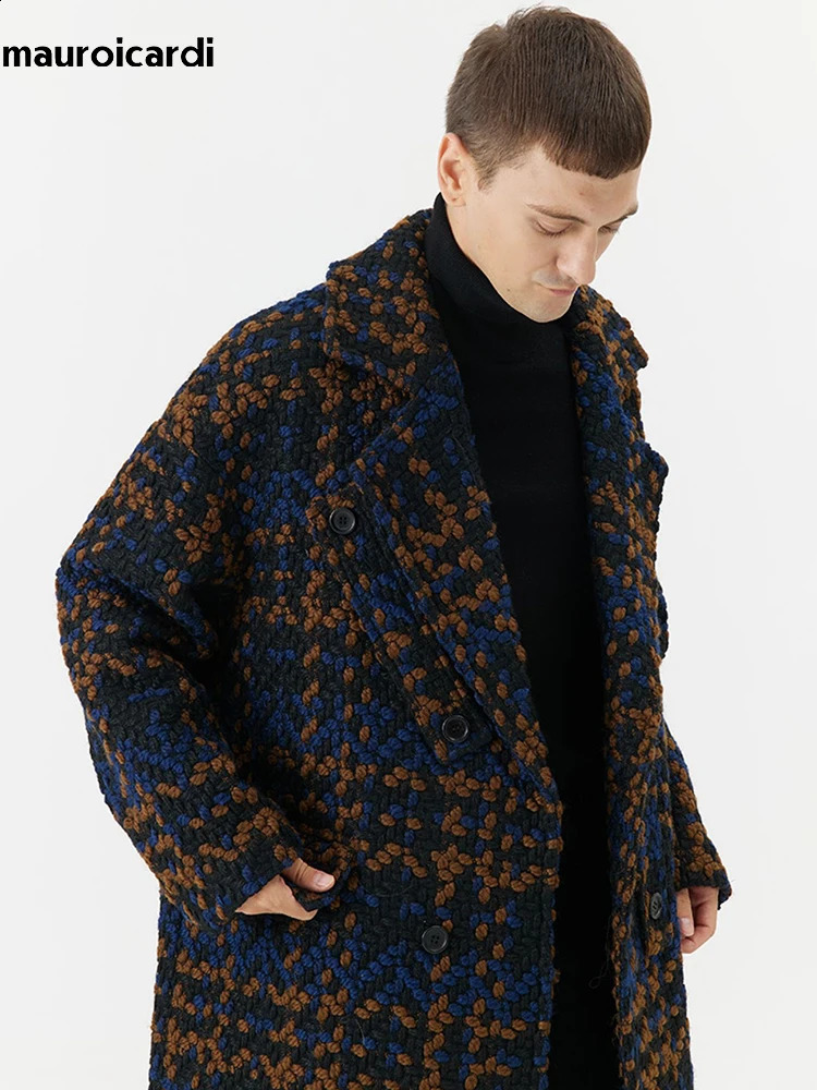 Mauroicardi Autumn Winter Long Loose Stylish Cool Thick Warm Plaid Tweed Woolen Coat Men Double Breasted European Fashion 251023