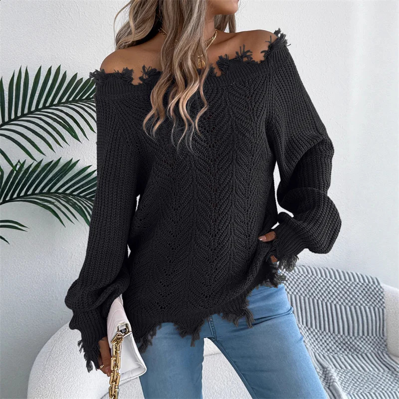 Autumn Winter Fashion off Shoulder Knitted Sweater Women Europe Casual Solid Hollow Pullovers Lady Sexy Long Sleeve Jumpers 251023