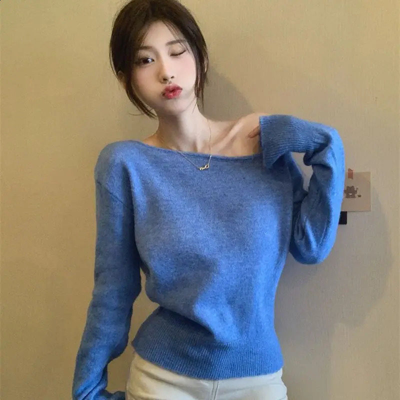 Blue Irregular Offshoulder Sweater Knitted Sweater for Women Chic Short Longsleeved Base Shirt Top 251023