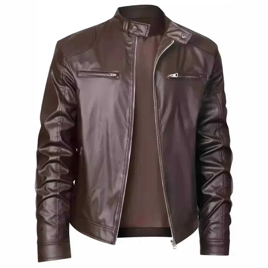 Casual Mens Biker Jacket Stand Collar Slim Fit Zipper Pocket Leather Coat Motorcycle Clothing Outerwear Fashionable Mens Wear W251023