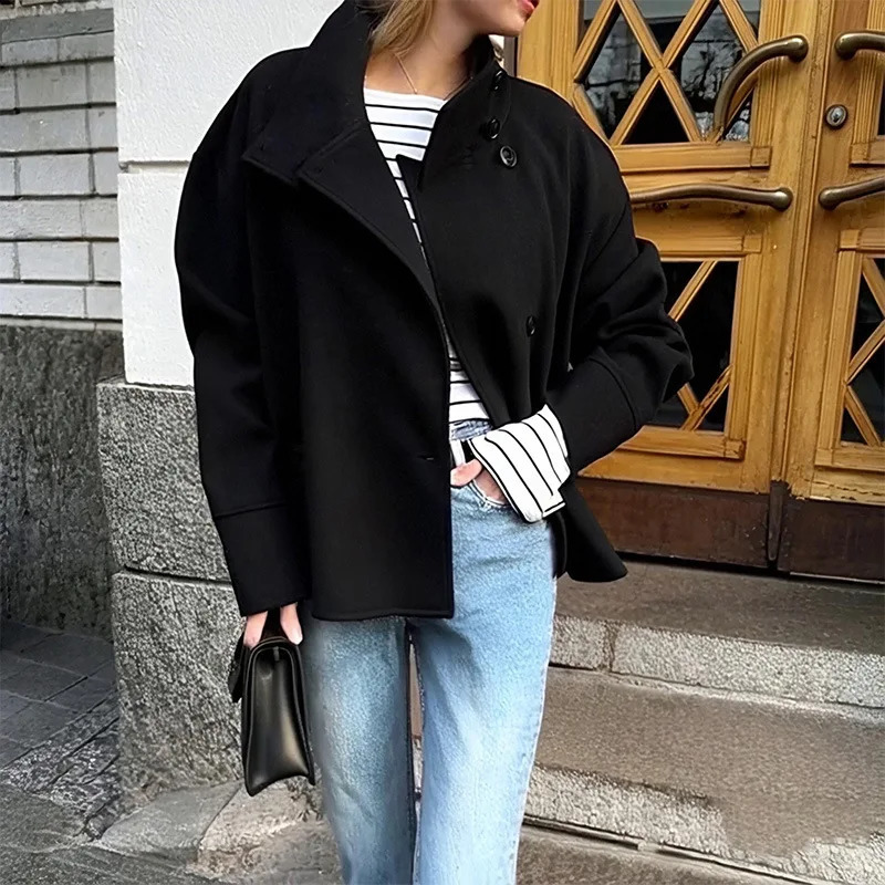 2025 Fall and Winter Womens Jacket Elegant Stand Collar Single Breasted Buttoned Loose Coat Woolen Solid Women Outwears 251018