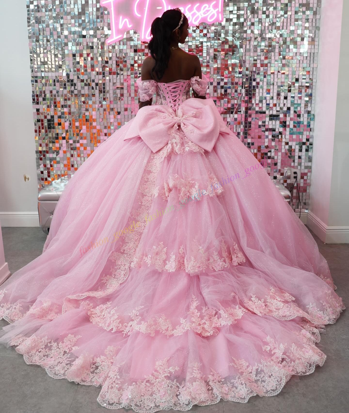 Glitter Pink Quinceanera Dress Sheer Corset Mexican Quince Sweet 15/16 Birthday Party Ball Gown Girl Drama Gala Off-Shoulder Pannier-Inspired Gathered