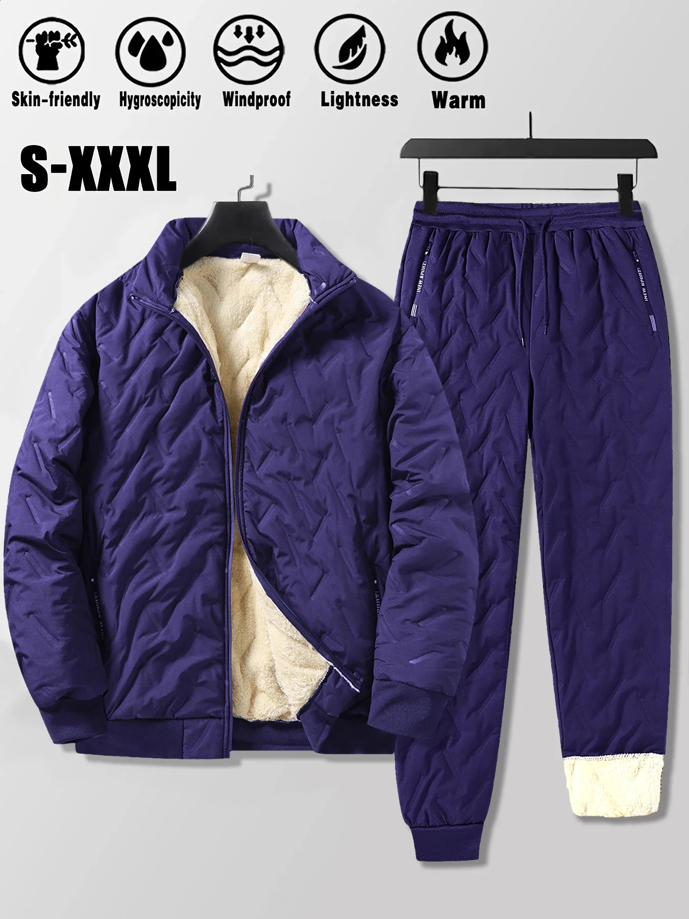 Mens Lamb Fleece Cotton Jacket and Pants 2piece Set Autumn Winter Thick Warm Sports Suit Casual Solid Color Coat 251023