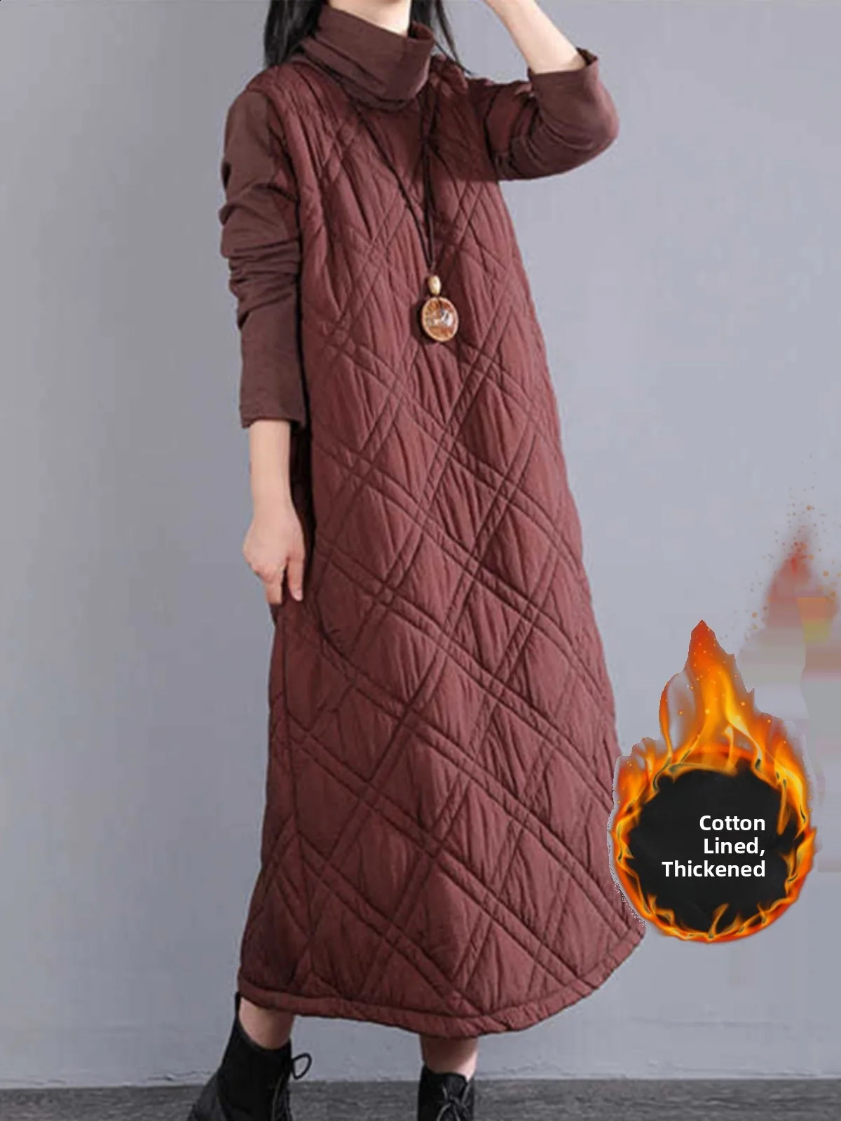 Retro High Collar Cotton Blend Long Dr Womens Loose Fit Thiened Autumn Winter Casual Sle ALine Skirt 251022