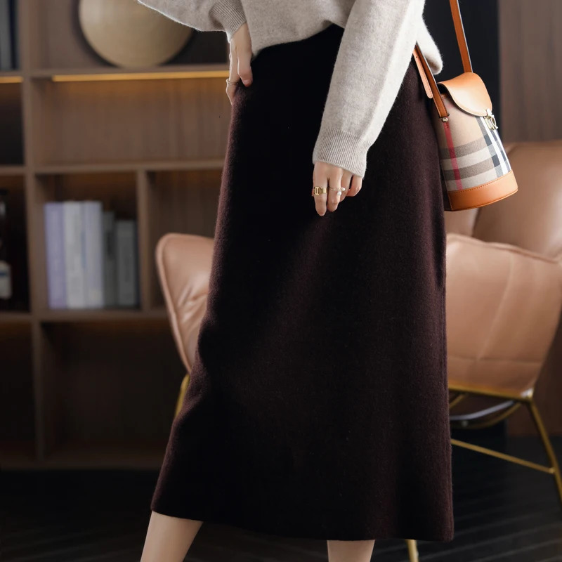 Autumn Winter 100Pure Wool Knit Long Skirt Women Casual Thick Korean High Waist Pack Hip Cashmere Wild ALine Skirt 251020