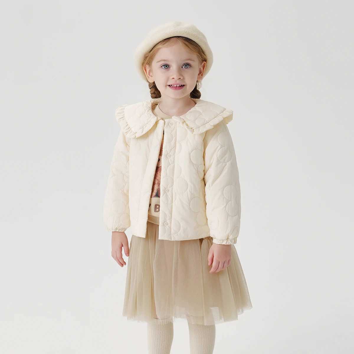 MARC JANIE Girls Peter Pan Collar Quilted Padded Jacket Long Sleeve Ultralight Coat Kids Lace Tunic Tops 241198 Y251023