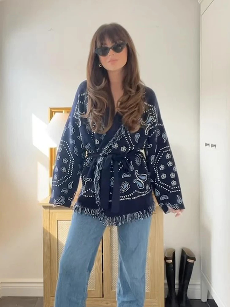 Women Print Knitted Cardigan Casual Chic Vneck Long Sleeve Singlebreasted Return Loose Sweater Lady Autumn Street Coats 251022
