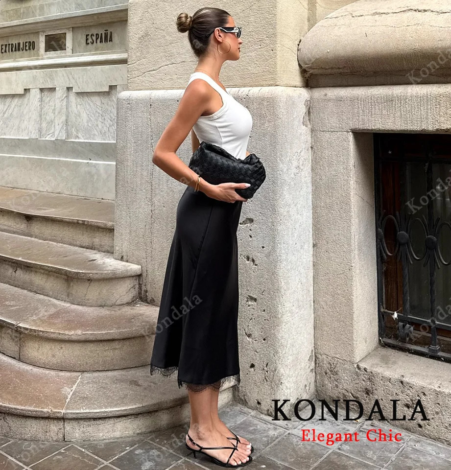 KONDALA Women y Black Brown Skirt Long Lace Satin Straight Autumn Fashion Elegant Party Dinner Mujer 251022