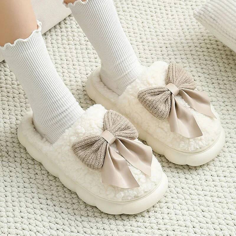 Cotton Slippers For Women Autumn and Winter Indoor home anti-slip plush Casual Bow Shoes Bedroom Flat Heels Fluffy Slides ddmythur - view 6