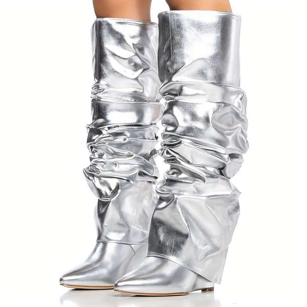 2026 Women's Knee High Shark Foldable Loose Pleated Boots, Wedge-Shaped High-Heeled Pointed Ankle Boots