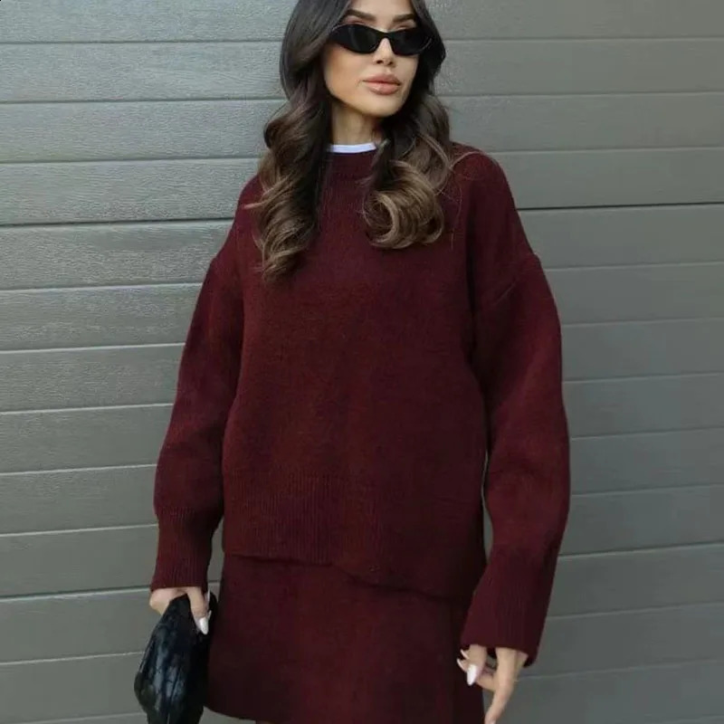 Preppy Style Knitted Two Piece Set Women Winter Autumn O Neck Loose Sweater Pullover A Line Skirt Streetwear Chic Outfits 251022