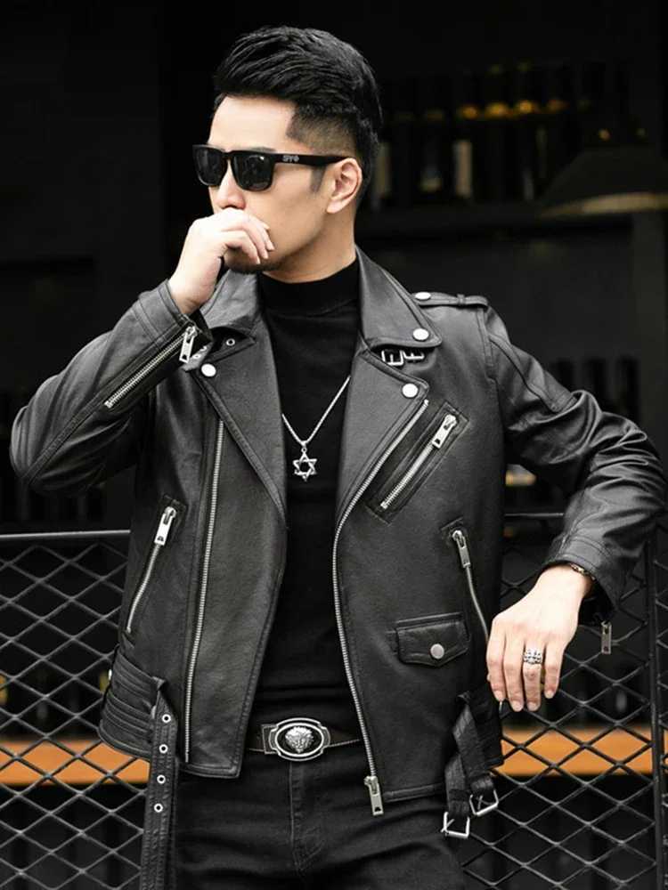 Long Sleeve Belt Plus Size European Fashion brand Spring Autumn Short Cool Black Leather Biker Jacket Men Zipper leather jackets W251023
