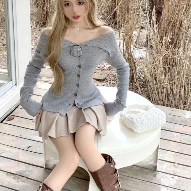 Spring Autumn Solid Color Slash Neck Long Sleeve Fashion Sweater Women High Street Button Patchwork Cardigan Off Shoulder Tops 251023