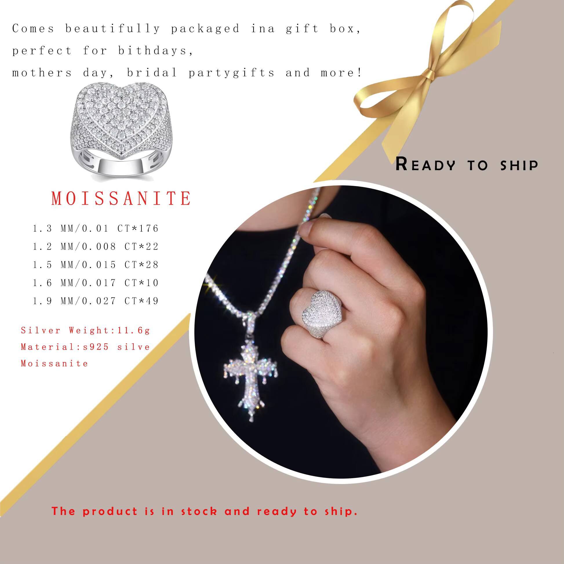 Mens Womens Full Iced out Heart Moissanite Ring 925 Silver Platinum Plated Hip Hop Statement Jewelry Accessories