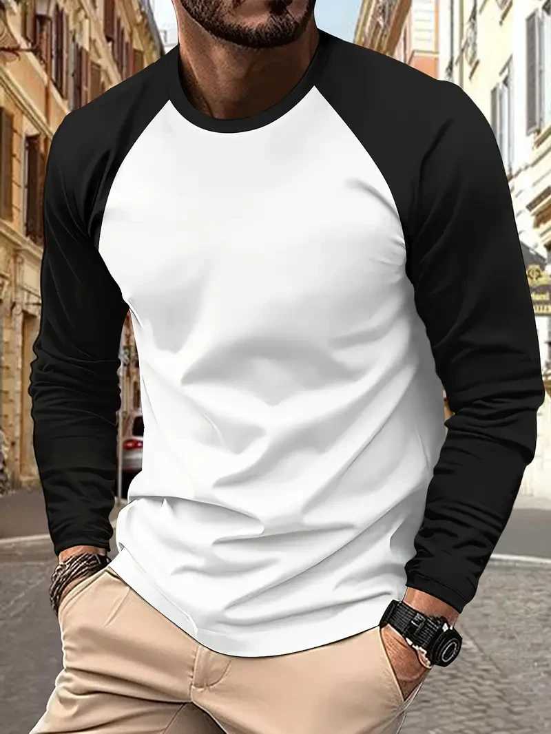 Spring Autumn New Spell Color Simple Style Long Sleeve Round Neck Tops T Shirt Men Pullover Tops T Shirts 100 PolyesterXJ251023