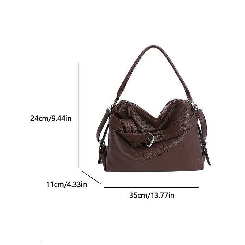 Large Capacity Soft Leather Tote Bag Fashion Belt Buckle Handbag New Shoulder Messenger Bag Retro Hot Girl Motorcycle BagL251023