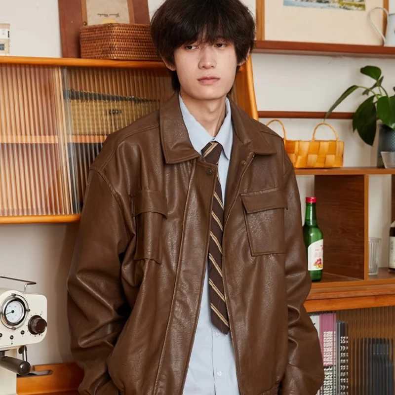 Japanese Mens Leather Jacket 2024 New Harajuku Retro Motorcycle Loose Couple Coat Big Pocket Lapel Bomber Outwear Y2k Trend W251023