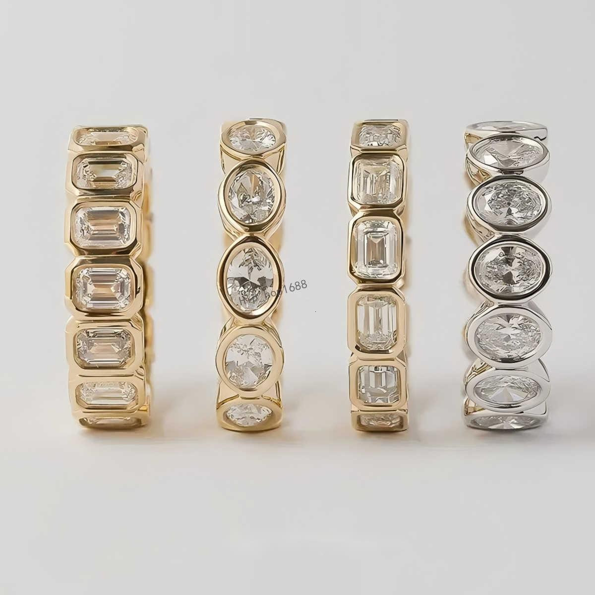 Igi certified lab grown diamond emerald oval cut bezel eternity band rings 18k 14k pure gold synthetic diamond ring