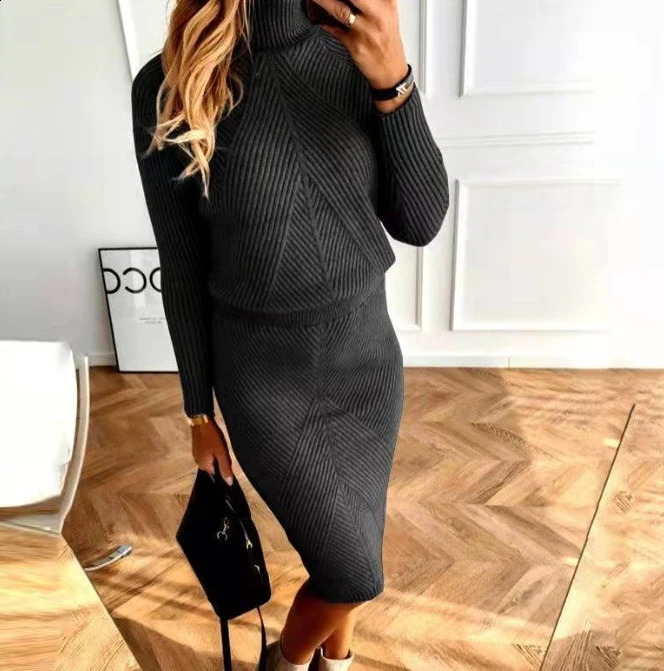 TwoPiece for Women Outfits Autumn Knit Turtleneck Long Sleeve Pullover Sweater Midi Skirt Womens Warm Suits 251022
