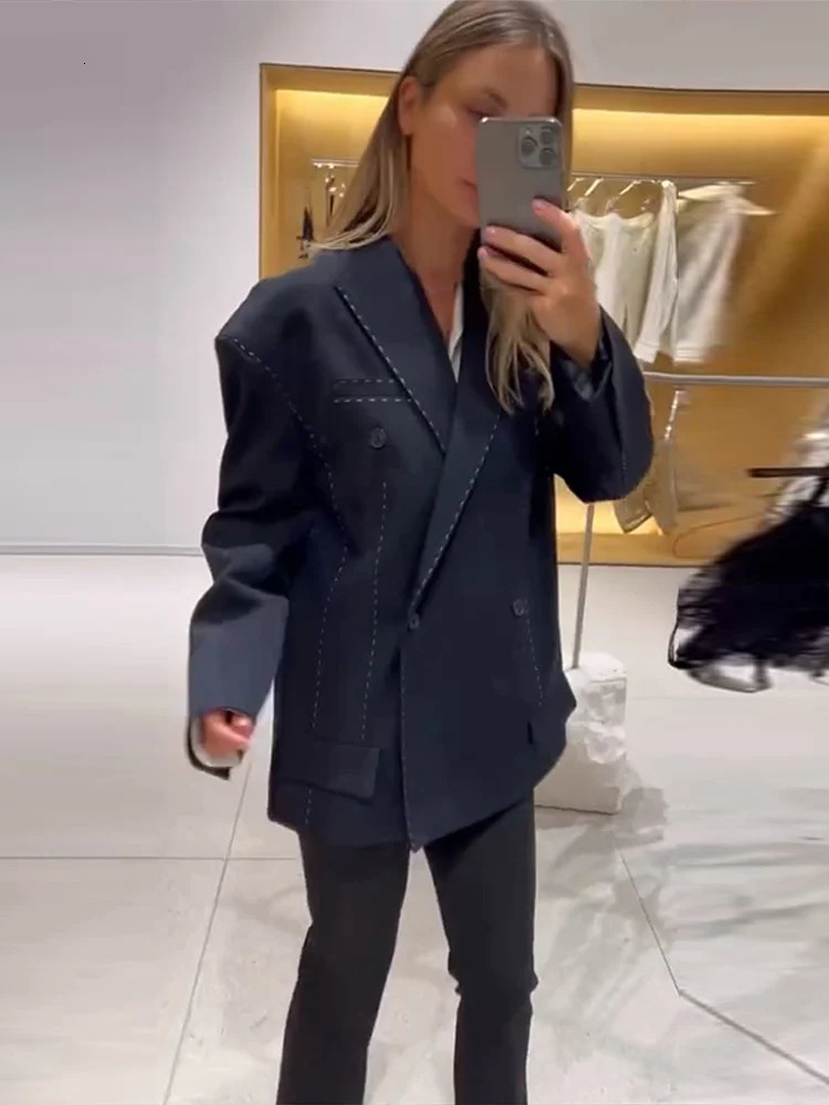 Casual Loose Womens Blazer Pant Suits Lapel DoubeBreasted Top Straight Pants Lady Set Autumn 2 Pieces Set Women 251016