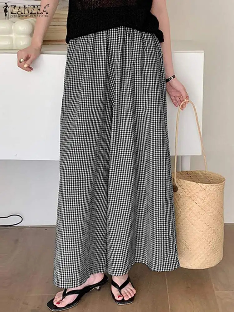 Vintage Checked Pants ZANZEA Women Stylish Wide Leg Pant Elegant High Waist Office Trousers Casual Loose Grid Pantalon Oversize 251016