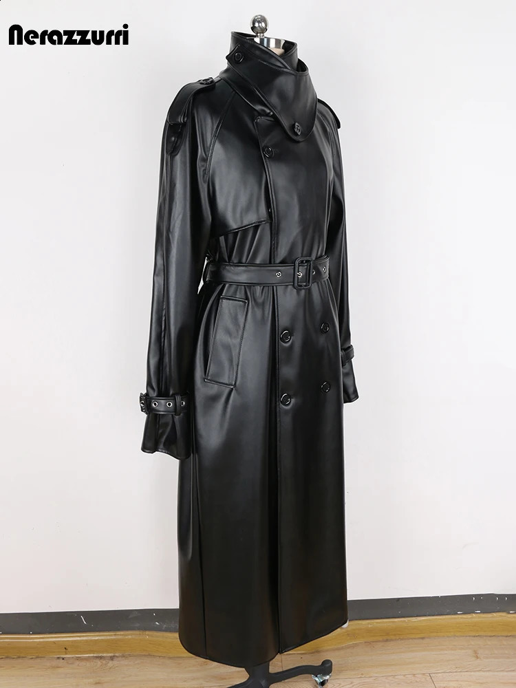 nerazzurri Spring Autumn Long Oversized Windproof Waterproof Black Pu Leather Trench Coat Men Belt Double Breasted Overcoat 251023