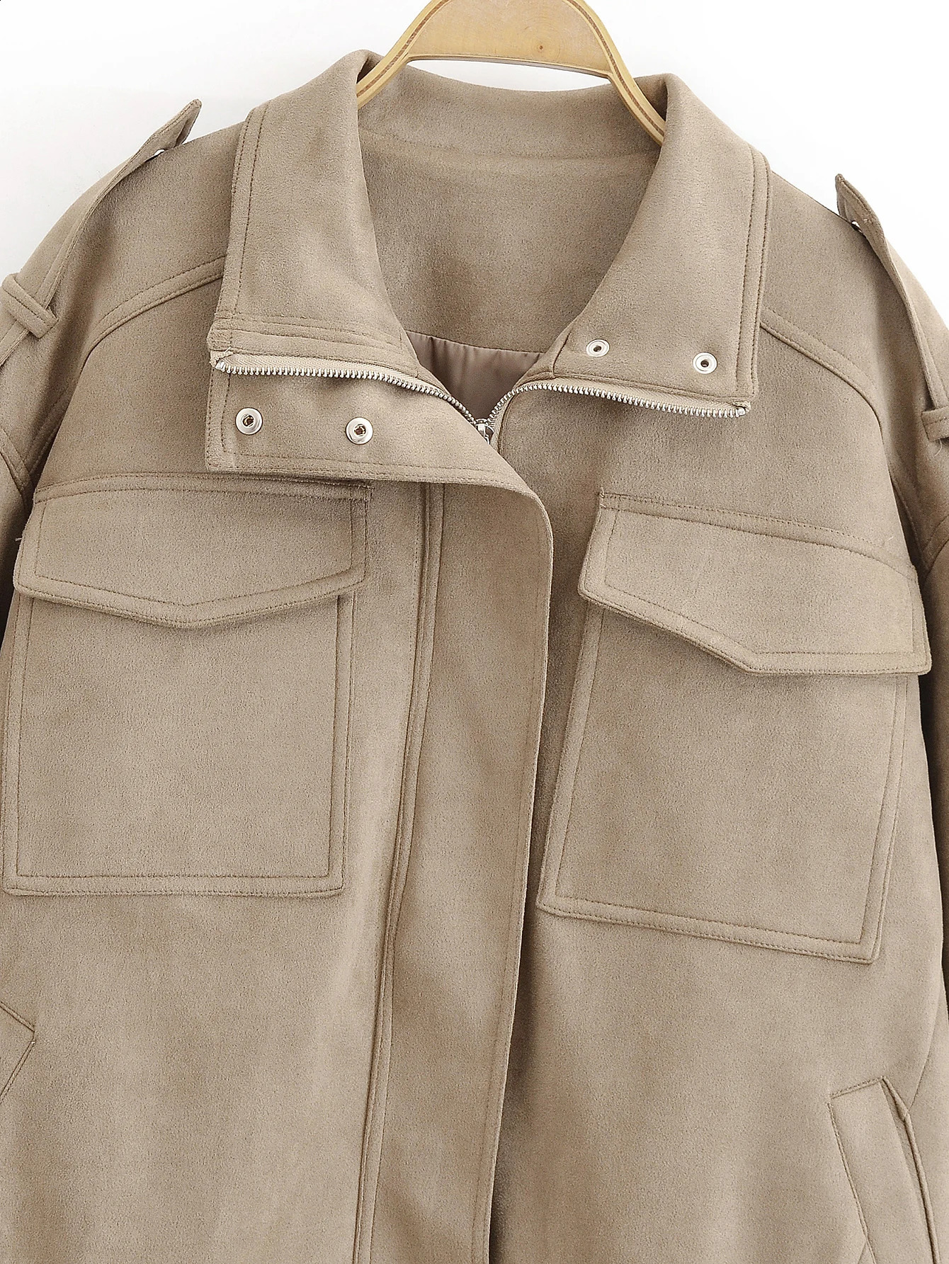 Women Suede Jacket Coat Fall Winter Fashion Zipper Pockets Loose Coats Chic Female Leisure Outerwear Woman clothing 251013
