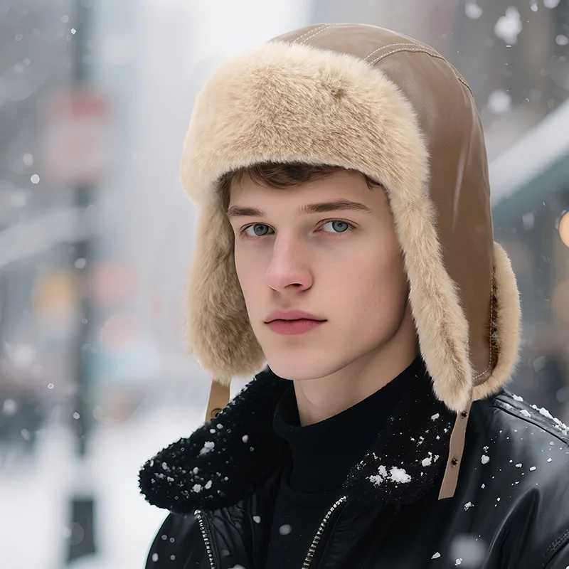 Genuine ather Hat Winter Warm Windproof Thicke Adjustab ot with Ear Flaps Cold Weather Riding SnowW251023