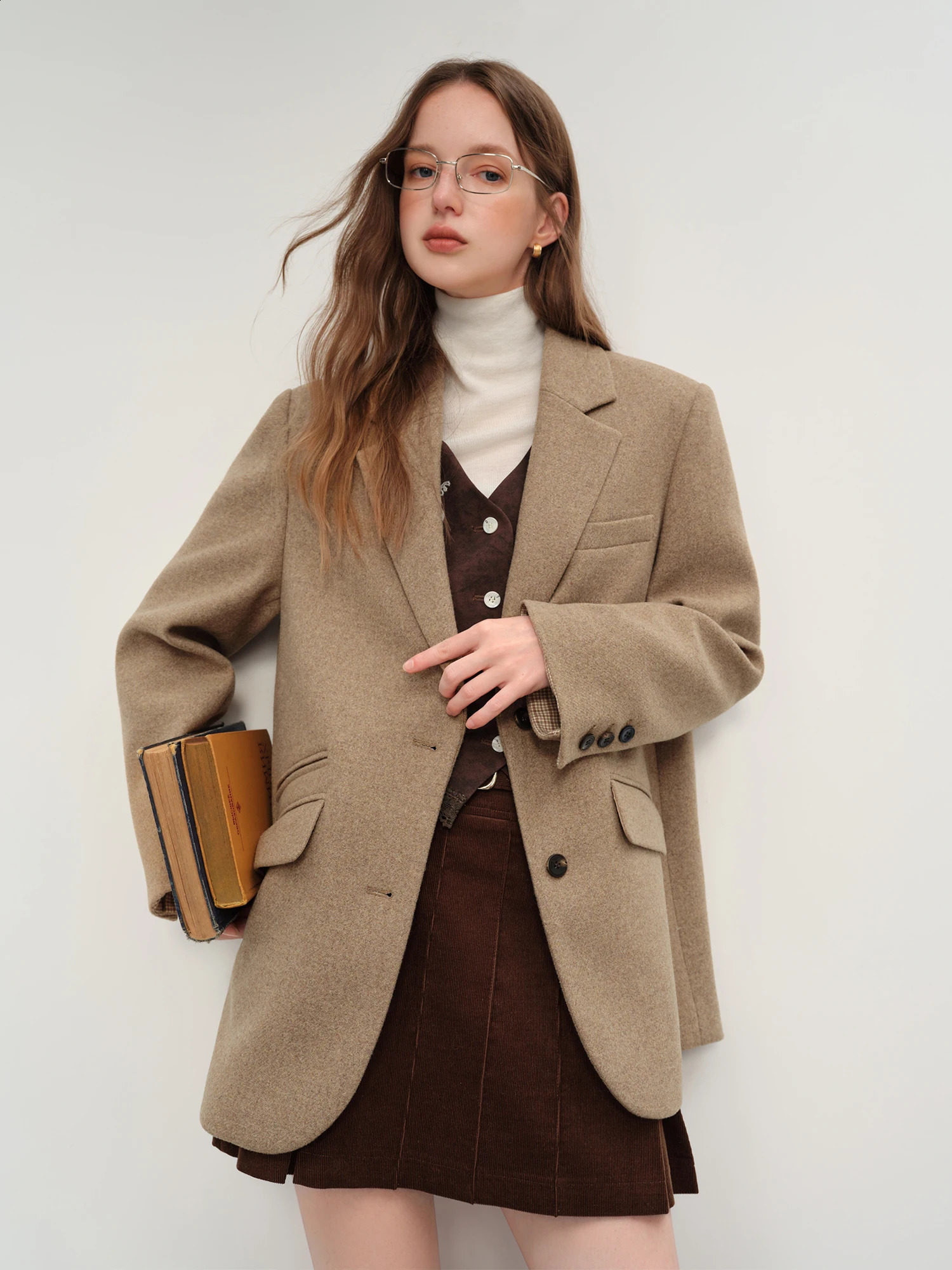 FSLE British Style Retro Check Wool Blazer Jacket Women Fall Winter Arrival Short Coat Tow Color Tailored 251013