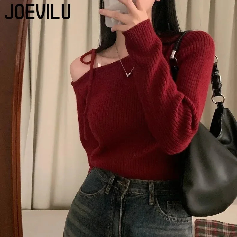 JOEVILU Slanted Collar Tied Irregular Pullover Womens Long Sleeved Knitted Tops Autumn Winter Korean Fashion Red Retro Sweaters 251020