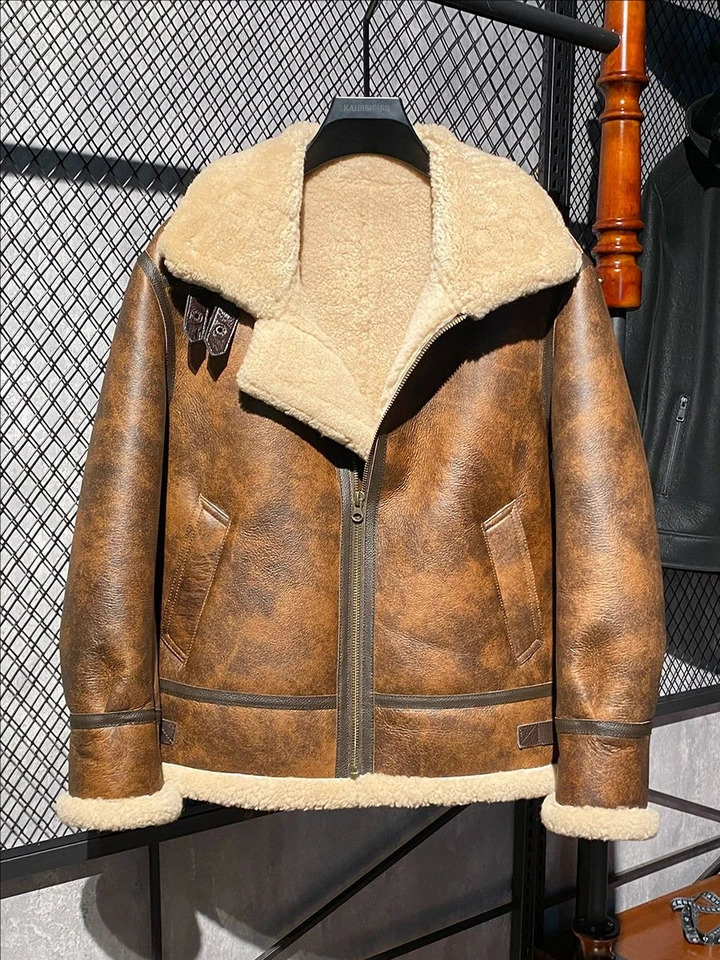 YRWholesales Matte real fur coatBrown Winter warm natural genuine leather jacketVintage B3 tpye sheep shearlingWool 251023